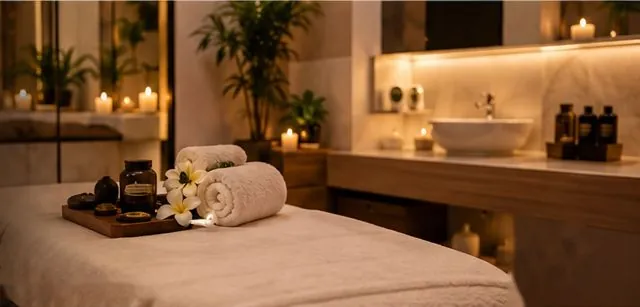 Massage table with towels and candles in a warm spa room